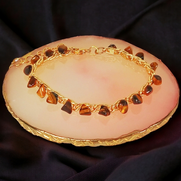 Vintage Gold Brown Tiger Eye Bracelet Mobwife Classic Elegant Modern Retro Glam - Picture 1 of 6